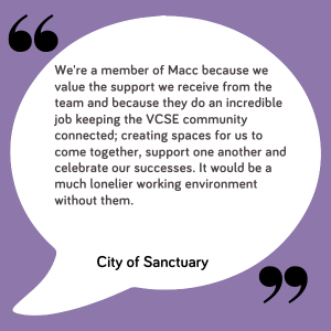 purple box with testimonail text from city of sanctuary